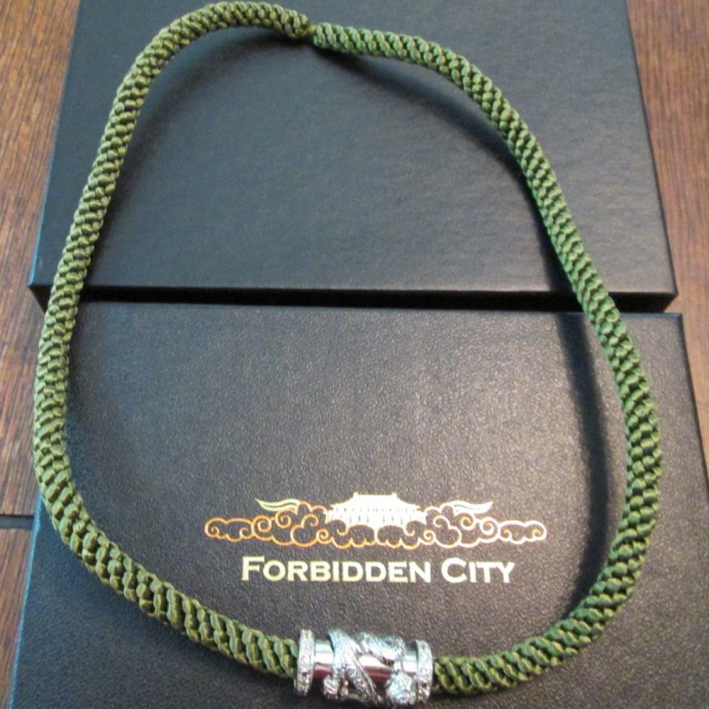 Green Braided Cord Necklace with Sterling Silver Dragon Diamond Pendant/ Clasp